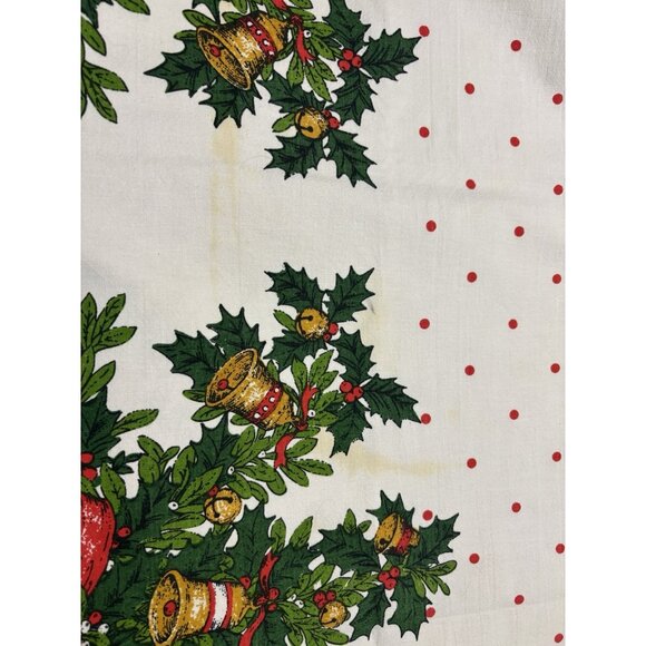 Vintage Christmas Printed Tablecloth Red Bows Ribbons Polka Dots 1950s Red Green - Picture 12 of 16